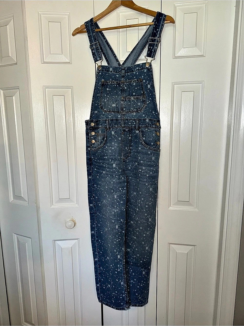 We The Free Ziggy Denim Overalls Paint Splatter Blue